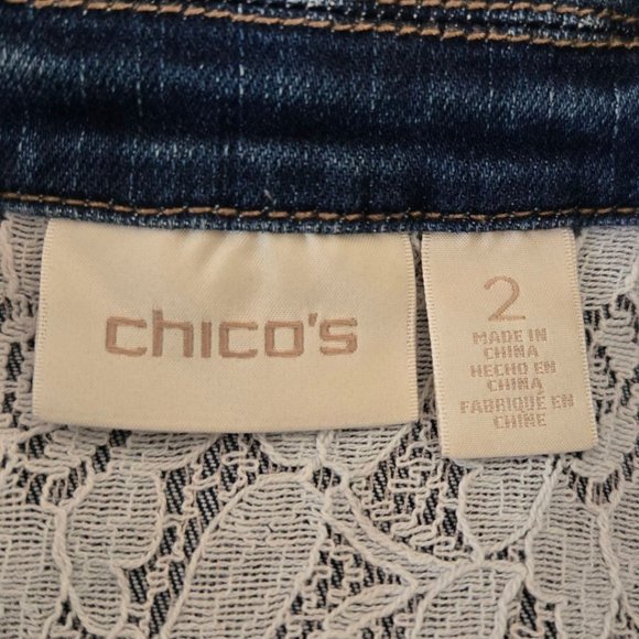 Chicos Size 2 Womens Medium Blue Denim Jacket Rounded Hem Lace Detail - Picture 8 of 10